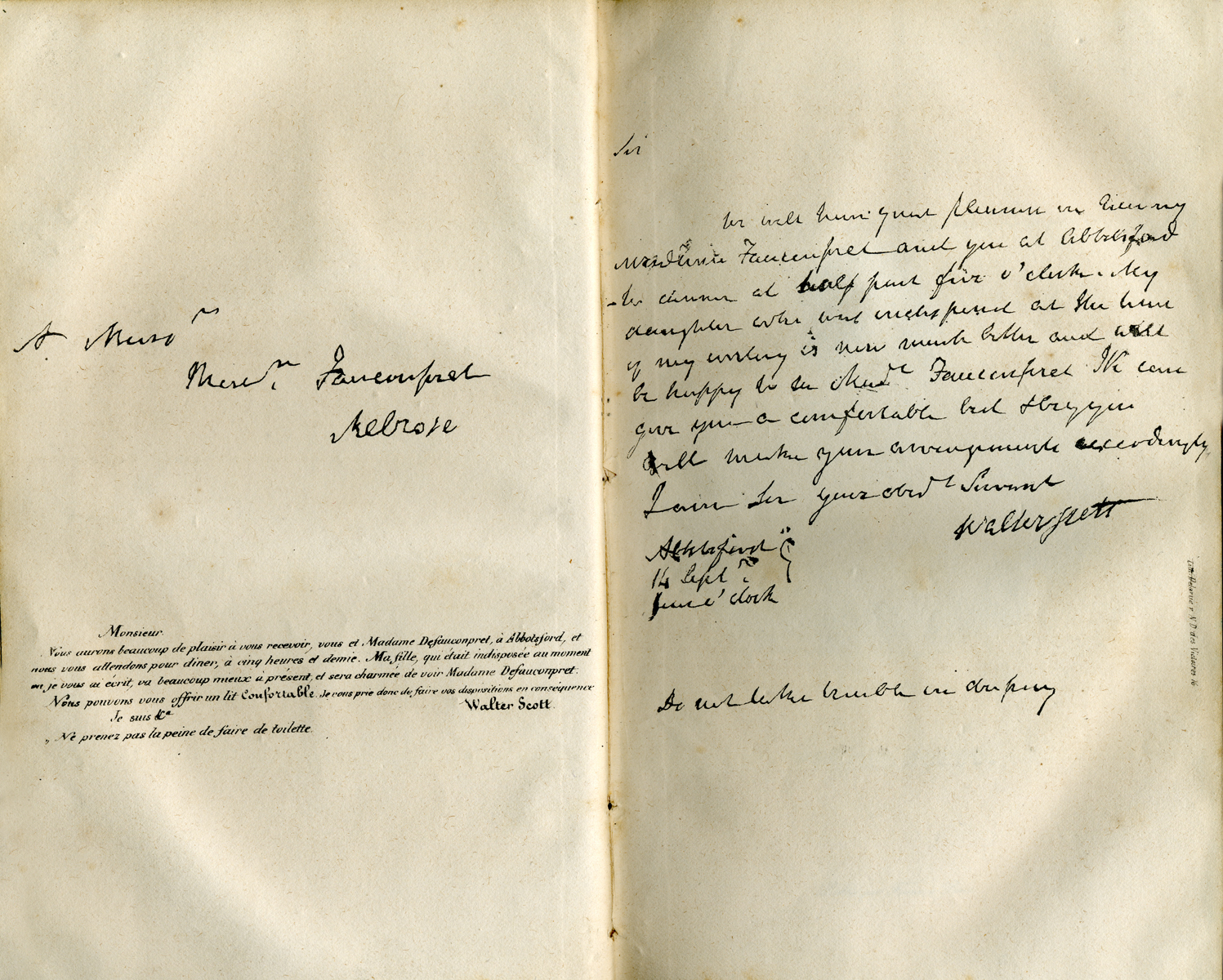 Walter Scott facsimile letter of invitation to French translator Defauconpret