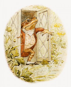 Mr. Jeremy Fisher opening his door Illustration from the Complete Tales of Beatrix Potter F.Warne.co 1989