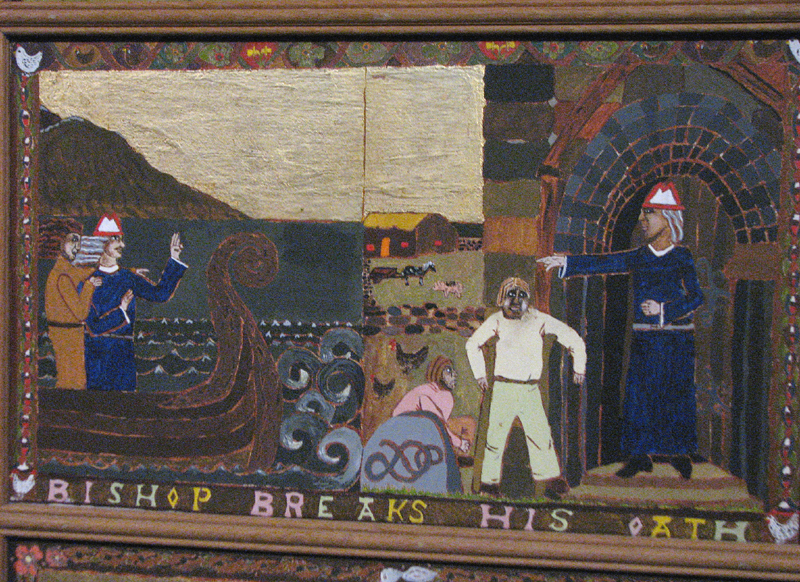 St Magnus cathedral painted panels - Scene X - 'Bishop breaks his oath' © 2012 Scotiana