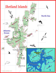 Illustrated map of the Shetland Isles and Swarbacks Minn © 2016 Scotiana