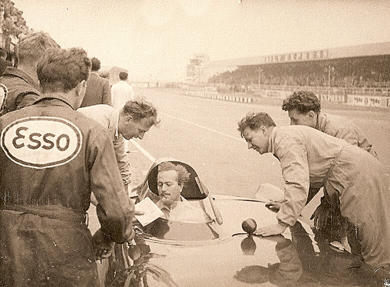 Colin Chapman testing one of his Lotus Eleven for the 1956 British Grand Prix Formula Two at Silverstone