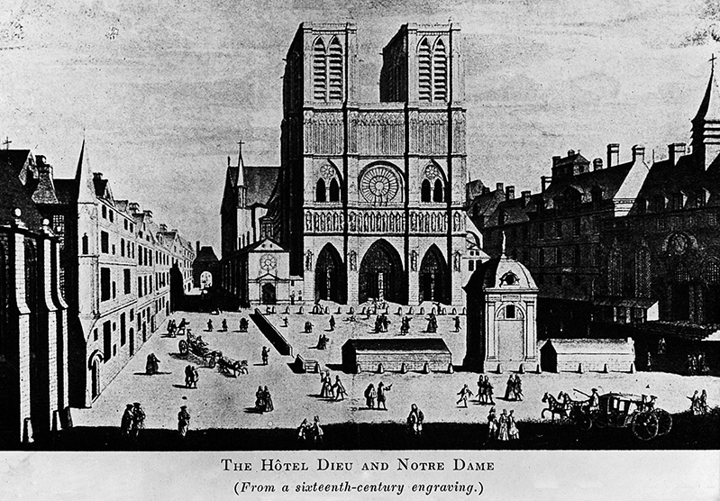 The Hotel-Dieu and Notre-Dame - 16th engraving - Source Wikipedia