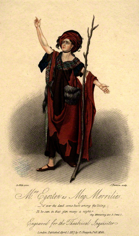 Engraving of Sarah Egerton as Meg Merrilies in Guy Mannering (1817)