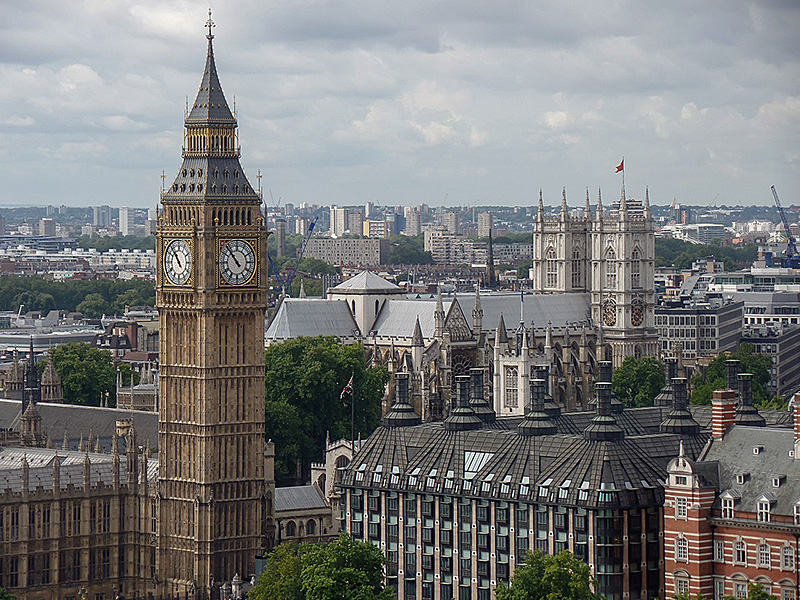 Big Ben and Westminster Abbey as viewed from the London Eye across the River Thames.