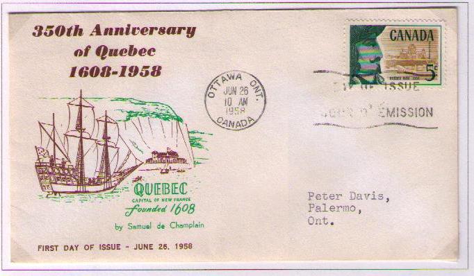 FDC 1958 Ville de Quebec 350th Samuel de Champlain